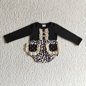 Lace Leopard Print Black Pockets Stripes Girls Fall Romper