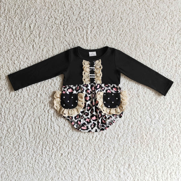 Lace Leopard Print Black Pockets Stripes Girls Fall Romper