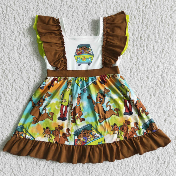 Promotional Cartoon Dogs Brown Yellow Girls Flutter Sleeve Dress