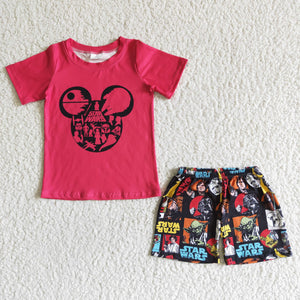 Cartoon Red Black Boys Shorts Sets
