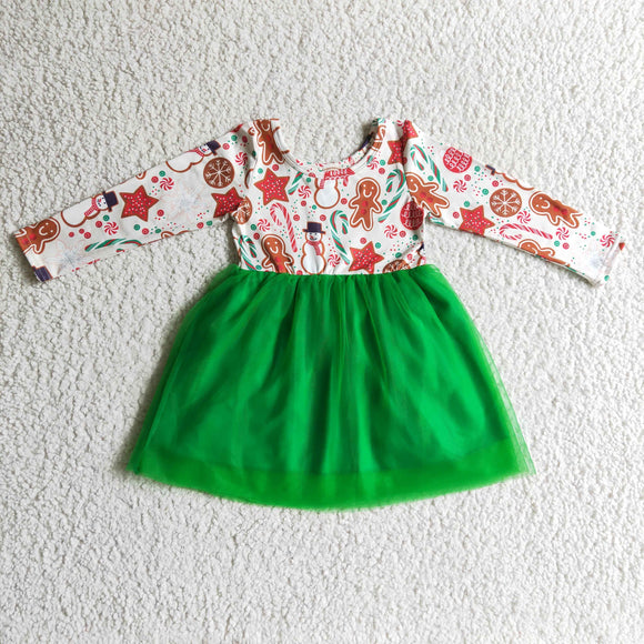 Promotional Santa Gingerbread Green Tulle Gauze Girls Christmas Dress