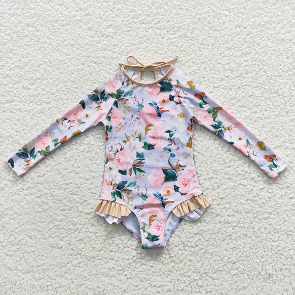 Floral Off-white Girls Swimsuits