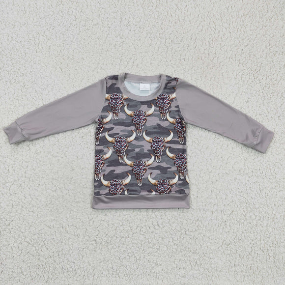 Highland Cow Camo Leopard Print Boys Long Sleeve Top