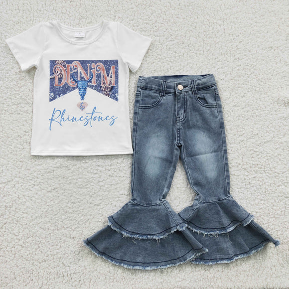 Highland Cow Letters White Jeans Girls Short Sleeve+Trousers Sets
