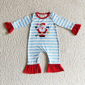 Santa Embroidery Sky Blue Red Girls Christmas Romper