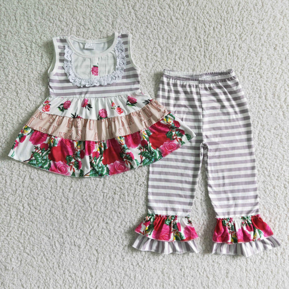 Promotional Gray Stripes Floral Girls Short Sleeve+Trousers Sets