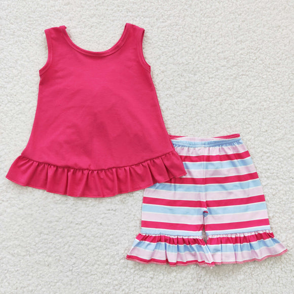 Solid Hot Pink Bow Stripe Girls Shorts Sets