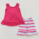 Solid Hot Pink Bow Stripe Girls Shorts Sets