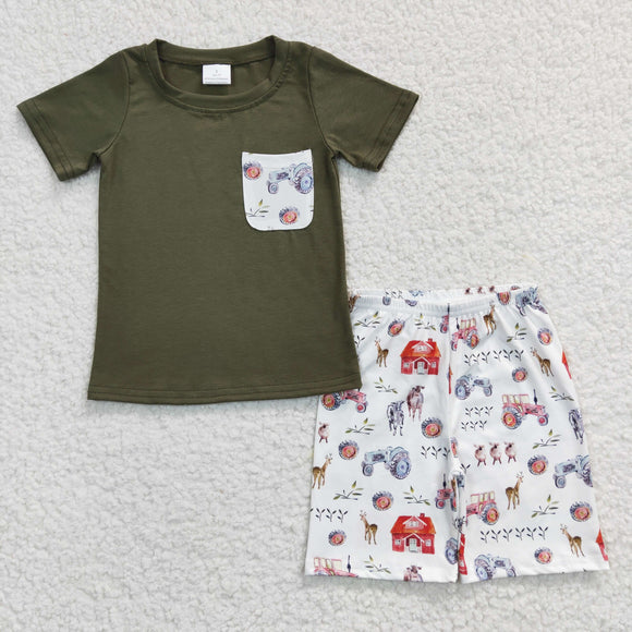 Promotional Farm Animals Pocket Army Green Boys Shorts Sets