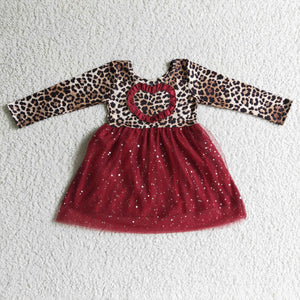 Promotional Leopard Print Red Tulle Gauze Girls Valentine Dress