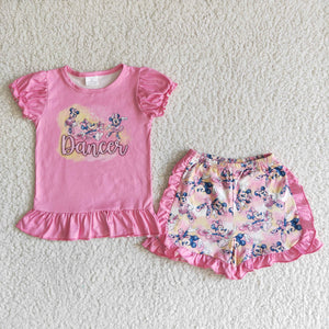 Cartoon Pink Dancer Girls Shorts Sets