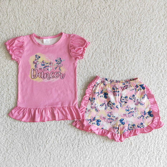 Cartoon Pink Dancer Girls Shorts Sets