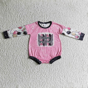 Happy New Year Balloon Pink Girls Fall Romper