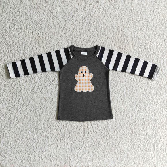 Ghost Black White Stripes Boys Halloween Top