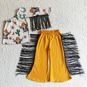 Promotional One Shoulder Highland Cow Tassels Orange Girls Long Sleeve+Trousers Sets