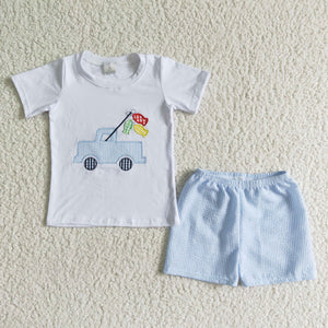 Promotional Car Fish Embroidery Sky Blue Boys Shorts Sets