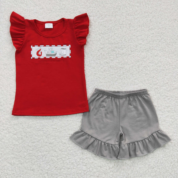 Crawfish Fishing Red Gray Girls Shorts Sets