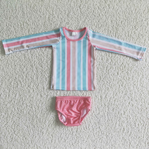 Pink Stripes Long Sleeve Girls Swimsuits