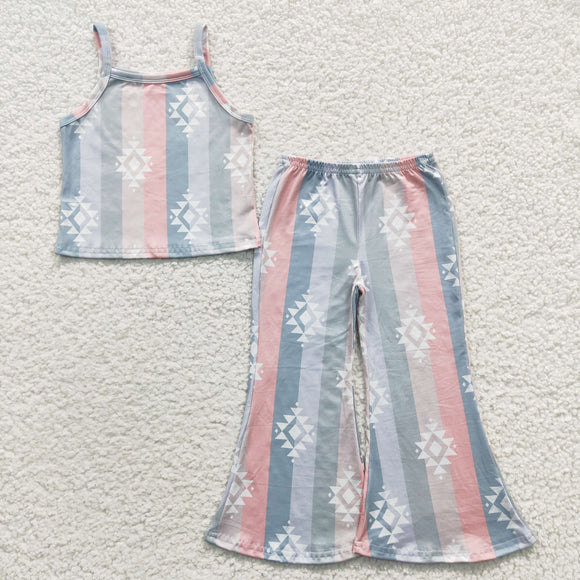 Aztec Blue Green Stripe Girls Short Sleeve+Trousers Sets