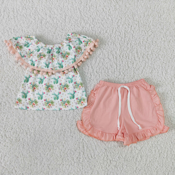 Promotional Cactus Pompom Pink White Girls Shorts Sets