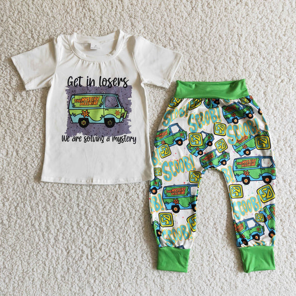 Promotional Green Bus Cartoon Boys Short Sleeve+Trousers Sets