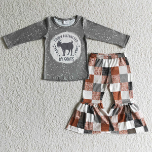 Promotional Goats Plaid Gray Girls Long Sleeve+Trousers Sets