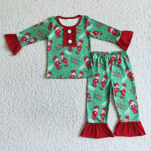 Cartoon Red Ruffles Green Girls Christmas Pajamas