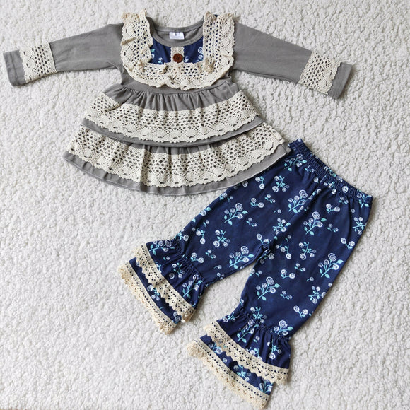 Promotional Floral Lace Girls Long Sleeve+Trousers Sets