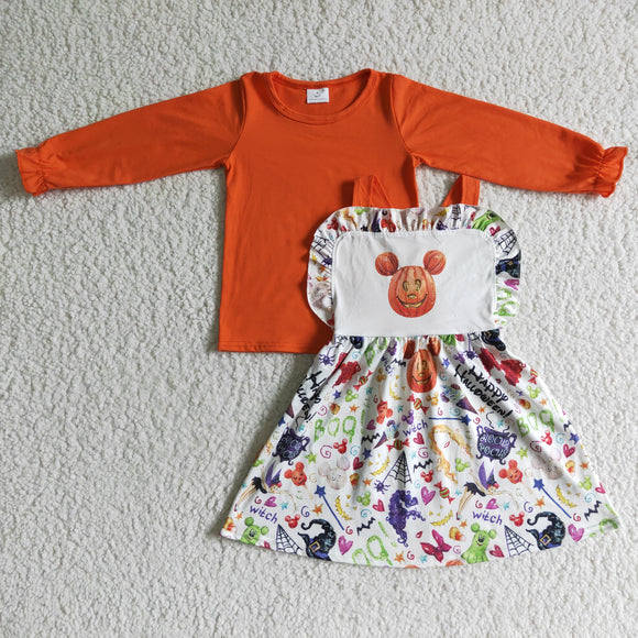Cartoon Pumpkin Orange Shirt Suspenders Dress Halloween Outfits