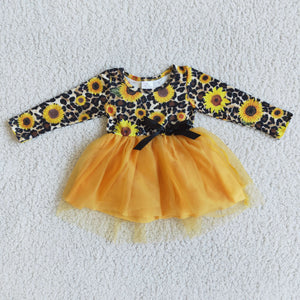 Promotional Sunflower Gauze Girls Long Sleeve Dress