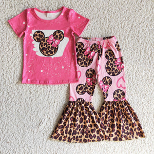 Promotional Cartoon Leopard Print Pink Love Girls Short Sleeve+Trousers Sets
