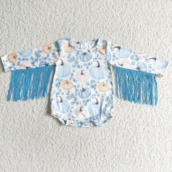 Pumpkin Blue Tassels Girls Fall Romper