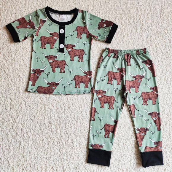 Cow Yak Green Boys Short Sleeve Pajamas