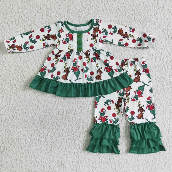 Cartoon Green Ruffles White Girls Christmas Outfits