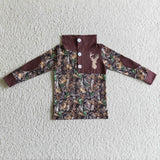 Jungle Deer Leaves Camo Brown Polo Boys Long Sleeve Top