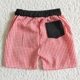 Red Plaid Embroidery Boys Swimming Trunks