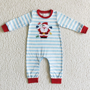 Santa Embroidery Sky Blue Red Boys Christmas Romper
