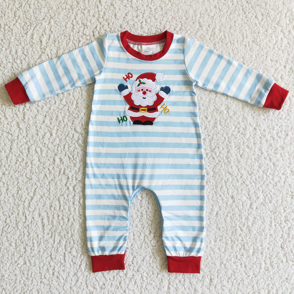 Santa Embroidery Sky Blue Red Boys Christmas Romper