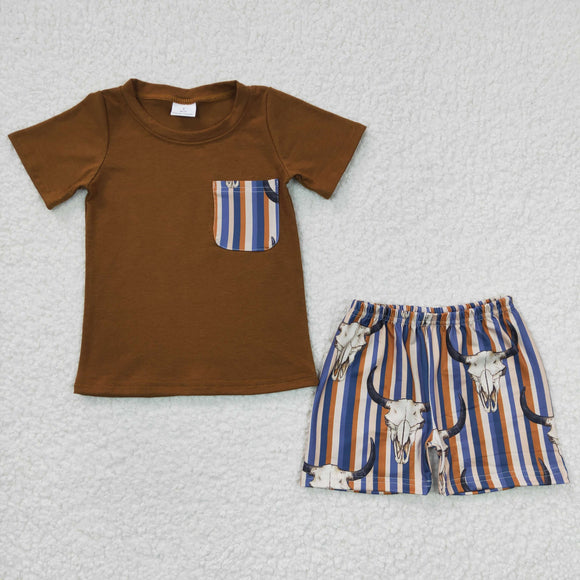 Pocket Highland Cow Striped Brown Boys Shorts Sets