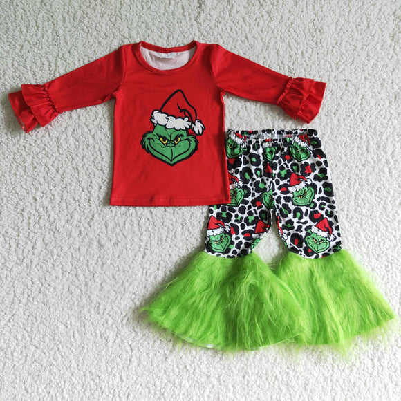 Cartoon Red Ruffles Green Fur Girls Christmas Outfits