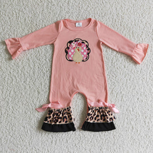 Turkey Embroidery Leopard Print Pink Girls Thanksgiving Romper