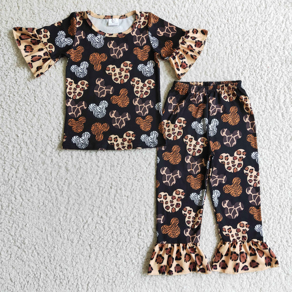 Cartoon Leopard Print Black Girls Short Sleeve Pajamas