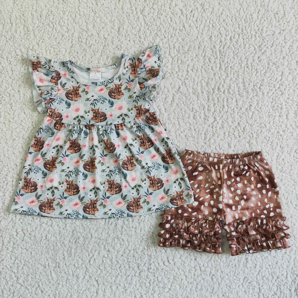Promotional Deer Floral Brown Girls Shorts Sets