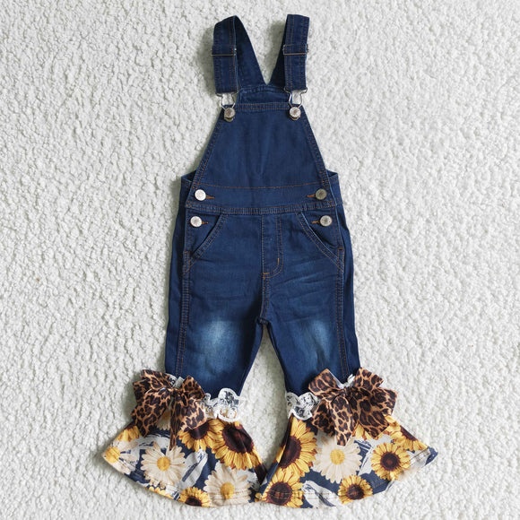 Sunflower Lace Leopard Print Bows Kids Suspender Flared Jeans Pants