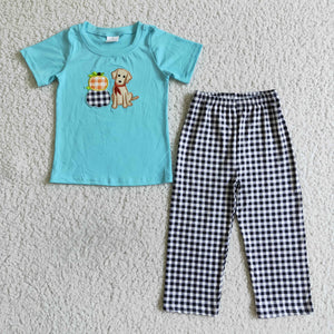 Pumpkin Dog Embroidery Boys Short Sleeve+Trousers Sets