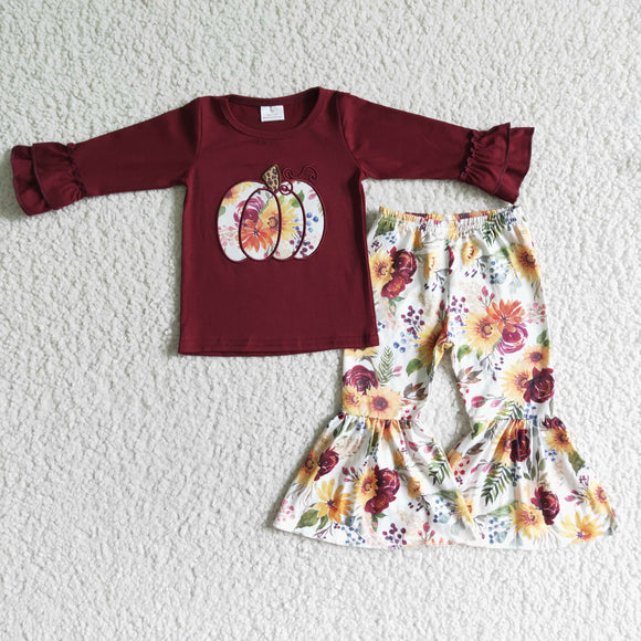 Pumpkin Embroidery Floral Wine Girls Long Sleeve+Trousers Sets