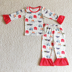 Promotional Farm Life Animals Red Ruffles White Girls Long Sleeve Pajamas
