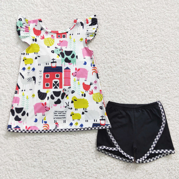 Promotional Farm Animals Plaid Bow Girls Shorts Sets