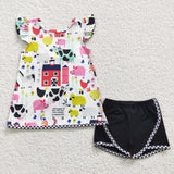 Promotional Farm Animals Plaid Bow Girls Shorts Sets