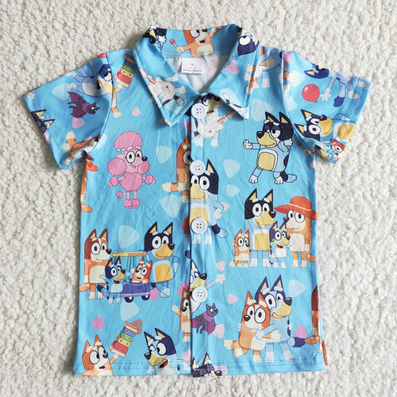 Cartoon Dogs Blue Shirts Turn Down Collar Boys Short Sleeve Top